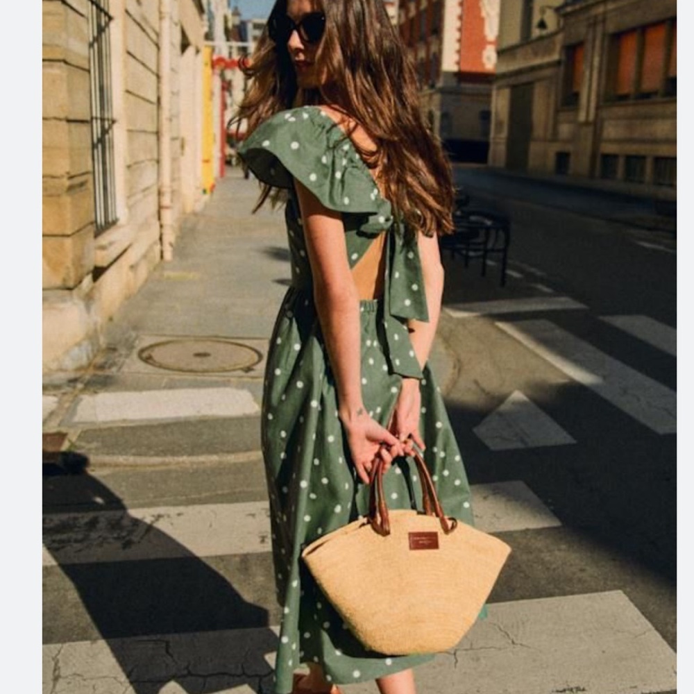 Sezane Green Polka Dot Ruffle Back-Tie Midi Dress
